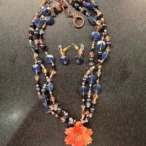 Cobalt Blue Glass & Pearl Necklace with Copper Flower w/Matching Earrings Set